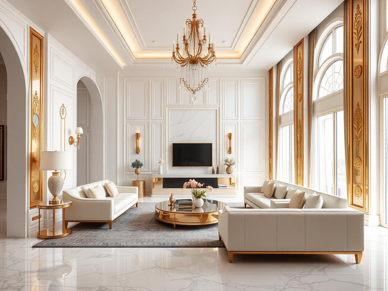 Elegant white and gold luxury living room interior