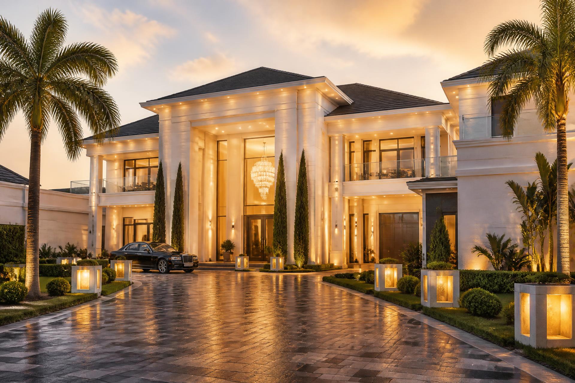 Luxury white and gold mansion at golden hour in a premium Nigerian estate